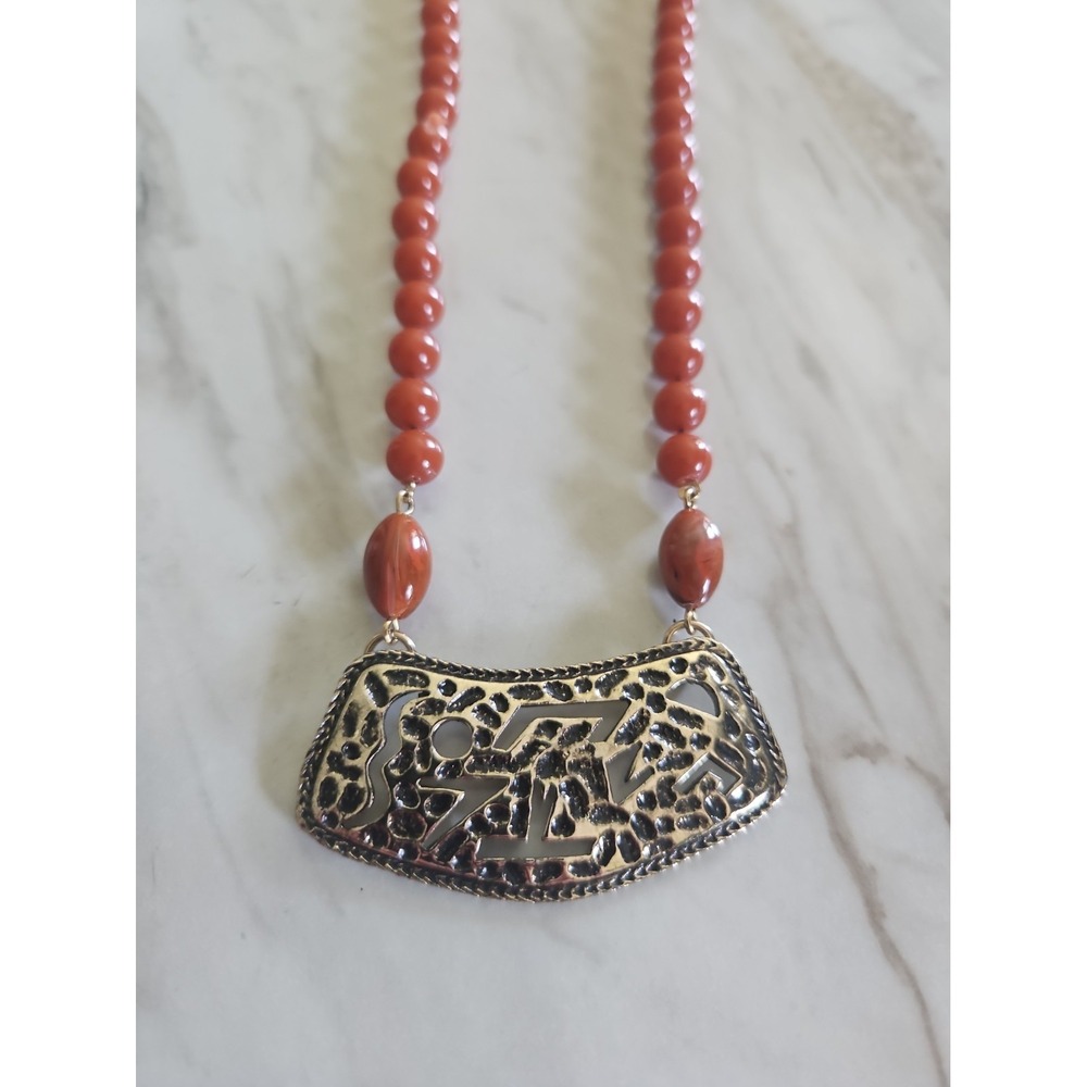 Vintage Sarah Cov Rusty Brown Round Plastic Bead w Goldtone & Cut-Out Tribal Pen